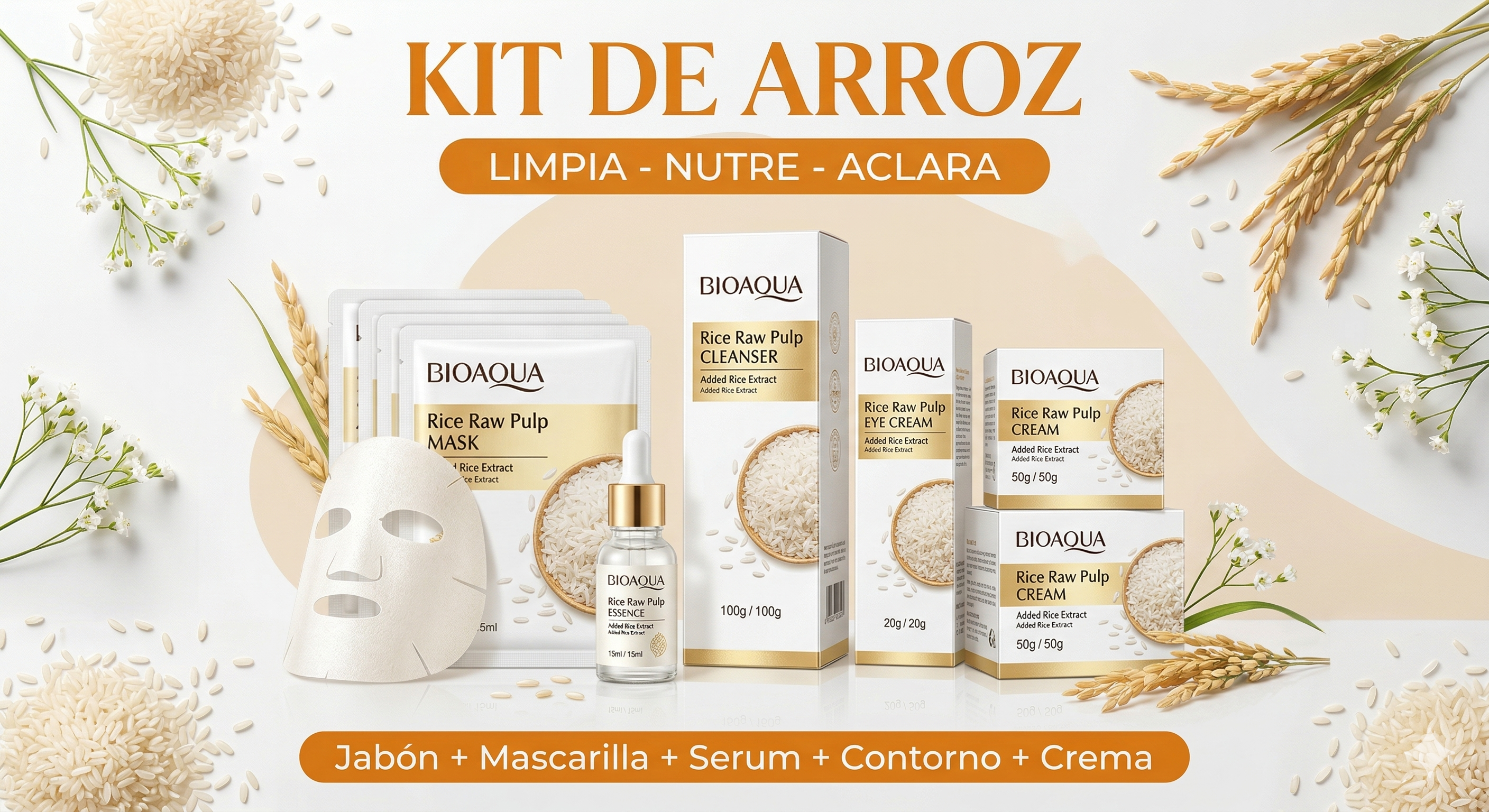 Set Facial Completo De Arroz X5 Para Piel Radiante